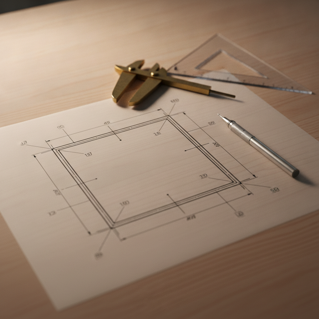 An overhead view of an architect's drafting table: a precise ink drawing of a rectangular enclosure with clean dimension lines and callout leaders, brass calipers, a set square and a pencil resting on the vellum — drawing the box precisely before anything is built.