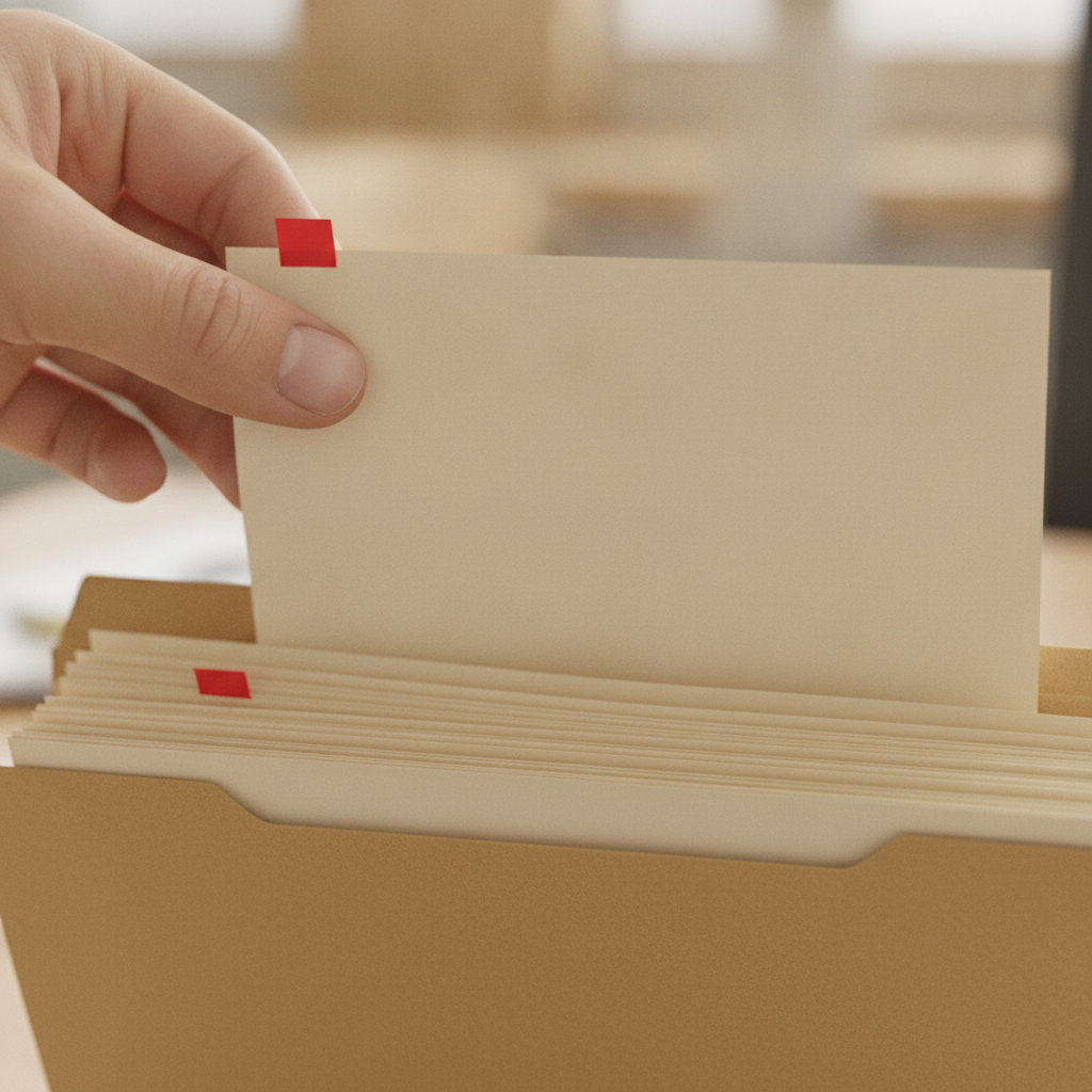 A hand pulling one red-flagged contradictory page out of a manila folder while the ordered pages remain — curation as the immune system that removes bad context.
