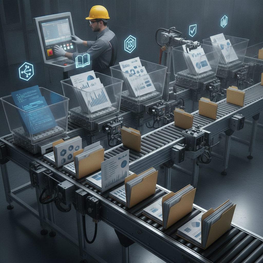 An automated conveyor line assembling a finished manila folder from labeled input bins — a diff, docs, standards, a ticket — maintaining the machine that builds the context.