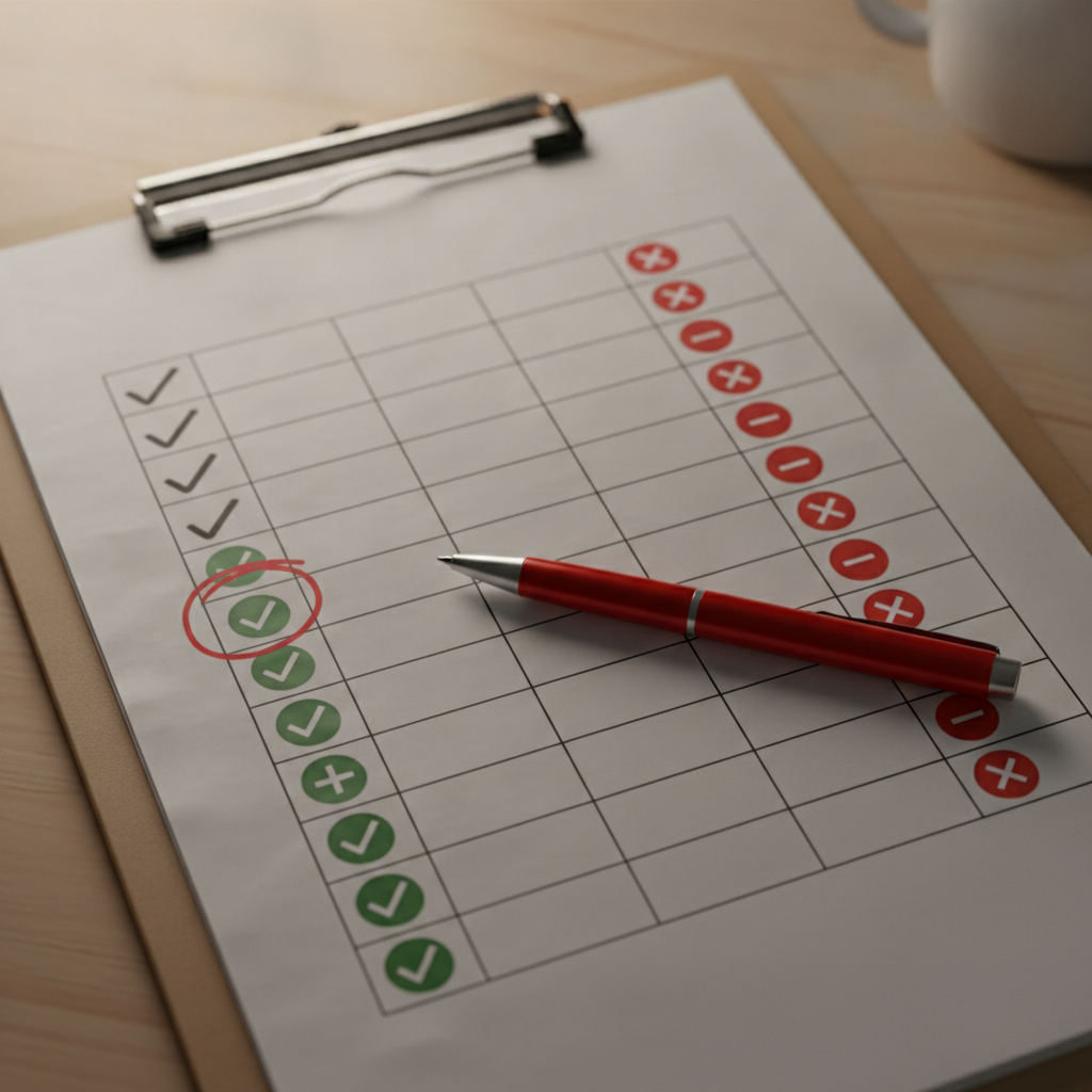 A referee's printed scoring rubric on a clipboard — each line a checkbox anchored with a pass/fail mark, a red pen resting across it, one box unchecked and circled.