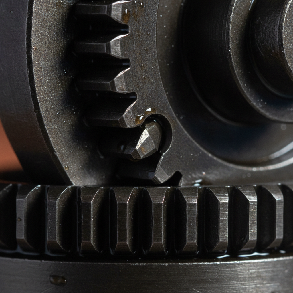 A steel ratchet wheel and pawl mid-engagement, one tooth freshly locked so the wheel can't spin backward — the baseline as the ratchet tooth that stops the backslide.