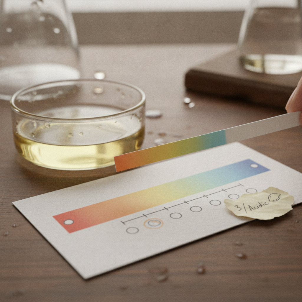A litmus test strip lifted from a sample, its color band aligning against a printed 0-to-1 scale card, with a small handwritten note beside it — a score that also gives a reason.