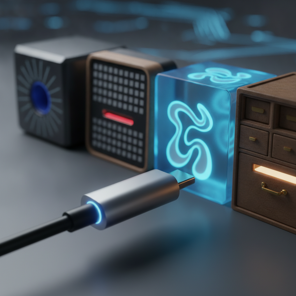 A single universal USB-style connector plugging into a row of different labeled devices — a database, a ticket board, a browser, a file drawer: one standard plug for every tool.