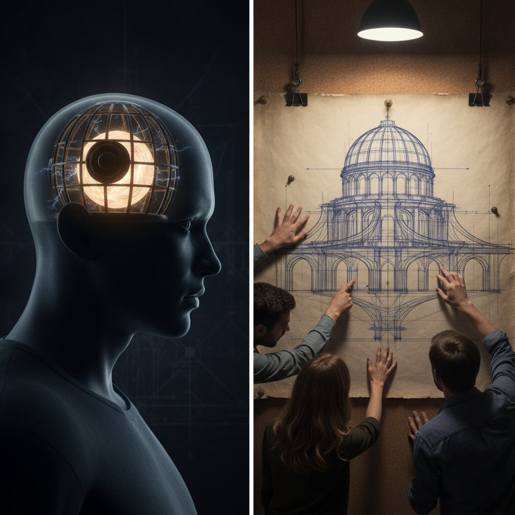 A sealed, glowing idea inside one person's head on the left; on the right, the same idea rebuilt as a legible blueprint on a wall that several people read at once.