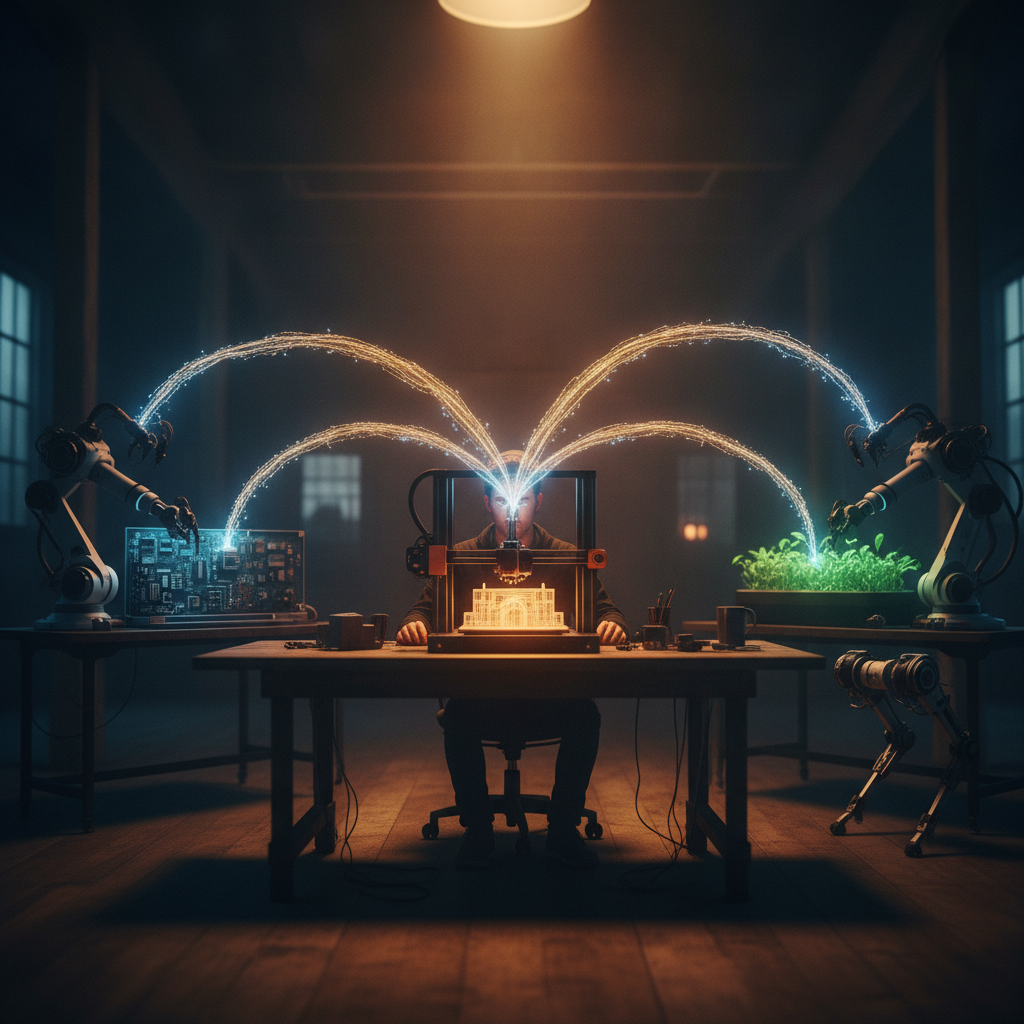 A person at a desk whose attention splits into three glowing threads, each feeding a separate agent workstation — multi-threading yourself across agents.