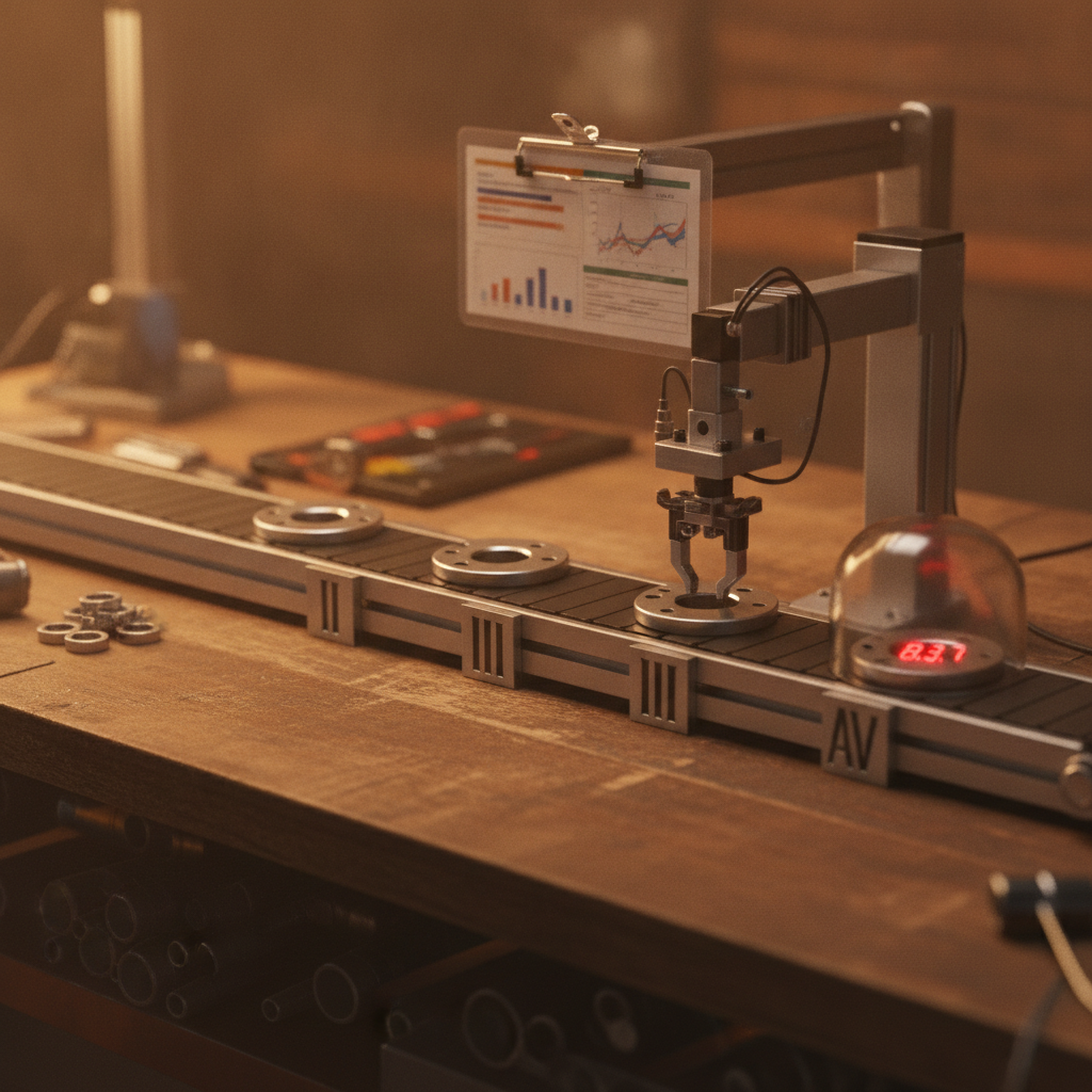A QA inspection station on a workbench — raw samples entering, a spec card clipped above, an inspection arm, and a single lit numeric readout at the end.