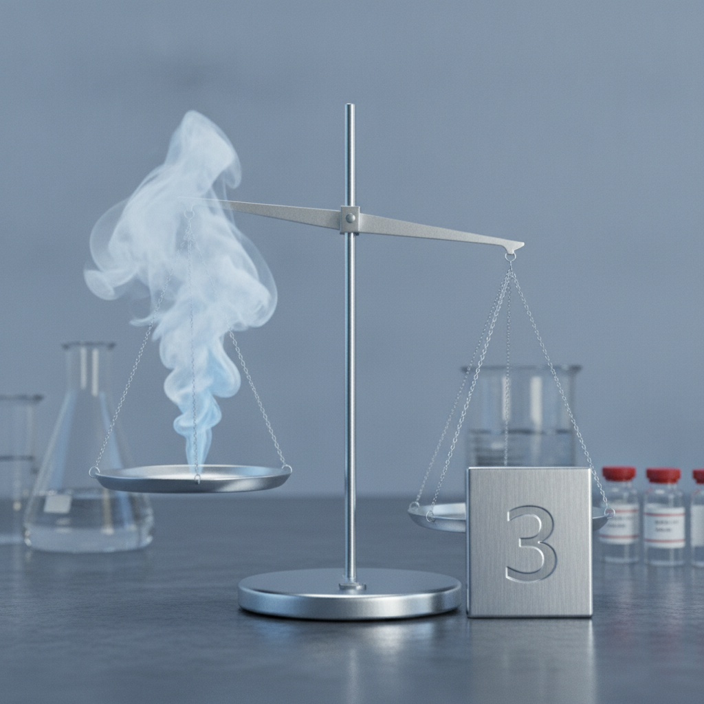 A balance scale with a translucent, wispy 'feeling' cloud on one pan and a solid engraved metal number tile on the other — the number pan resting firmly down.